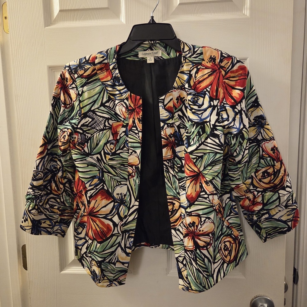 Coldwater Creek sz 10 open front blazer jacket floral 3/4 slvs spring summer